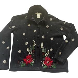 Vintage Victoria Jones Black Faux Fur Christmas Poinsettia Cardigan Size Medium